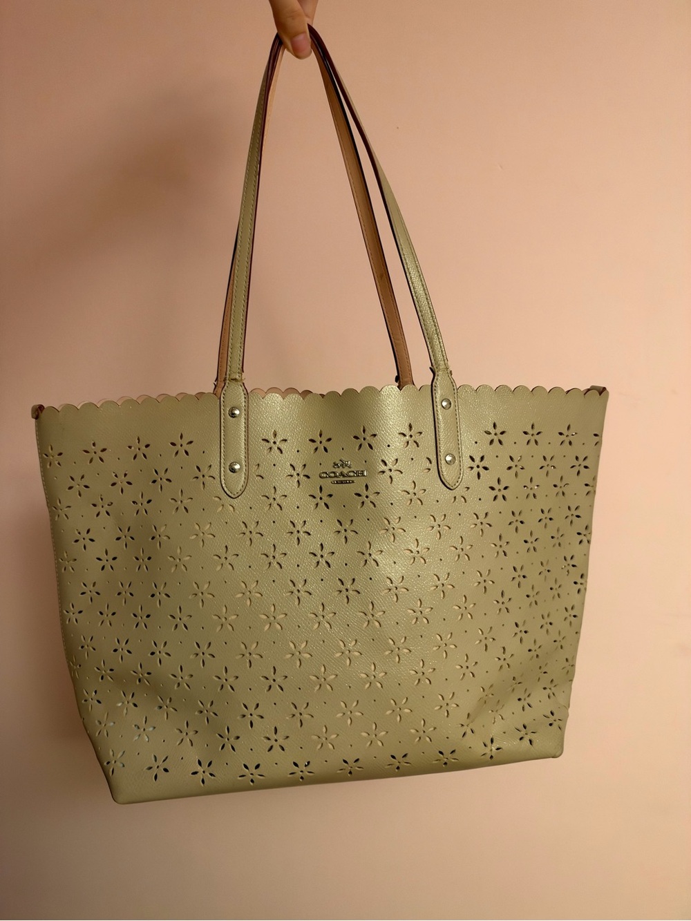 Coach Laser-Cut Floral Tote Bag Beige Sparkle Leather